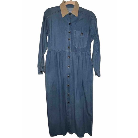VTG 80's Studio 25 Denim Dress XS Western Prairie Maxi Chore Pockets Oversized‎ - Picture 1 of 16